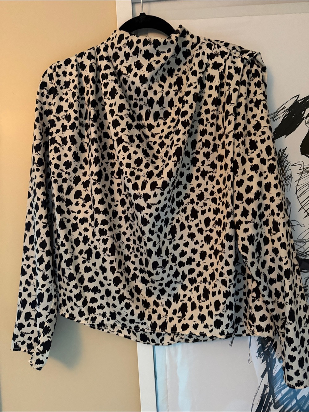 Zara Cream and Black Leopard-Spot Long Sleeve Blouse